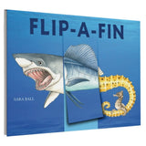 Children's book cover titled 'FLIP-A-FIN' by Sara Ball, featuring a blue ocean background with illustrations of a shark, a fish, and a seahorse arranged in a puzzle layout.