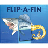 Children's board book cover titled 'FLIP-A-FIN' by Sara Ball, featuring underwater illustrations of a shark, a blue fish, and a yellow seahorse on a blue background.