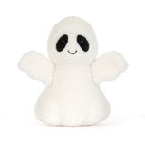 A small white plush ghost toy with black embroidered eyes and a simple stitched smile, centered on a clean white background.