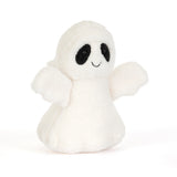 A small white plush ghost toy with black embroidered eyes and a simple stitched smile, photographed on a clean white background.