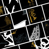 Collage of black and white illustrations on a black background