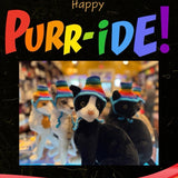 Black cat wearing a rainbow hat with 'Happy Purr-iDE!' text and rainbow border.