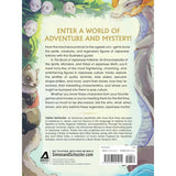 Back cover of a children's book 'Enter a World of Adventure and Mystery!' by Thiesia Mathuria, published by Simon and Schuster. The cover features a colorful Japanese-style illustration with a central block of descriptive text and a barcode at the bottom.