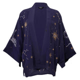 A navy blue open-front kimono-style jacket featuring celestial embroidery with stars, constellations, and a crescent moon on the sleeves, shown against a plain white background.