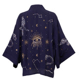 A navy blue open-front kimono-style jacket featuring celestial embroidery with stars, constellations, and a crescent moon on the sleeves, shown against a plain white background.