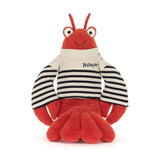 Plush toy lobster wearing a striped shirt with 'Jellycat' branding on a white background