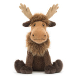 Brown and tan plush toy moose on a white background