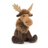 Brown and tan plush toy moose on a white background