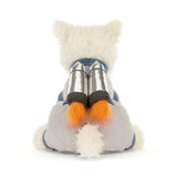 Plush dog with metallic jet-pack on a white background