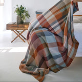 Plaid blanket draped over a sofa in a living room setting