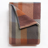 Folded plaid blanket with brown, blue, and beige colors on a white background