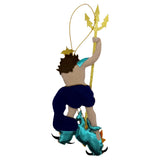 A felt ornament depicting the Roman god Neptune, shown from behind, holding a gold trident and riding teal fish. The ornament is set against a plain white background.