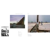 A page from an architectural book, featuring photographs of a concrete structure and a plaza with children walking. The left side includes a black-and-white photo, a larger twilight photo, a small black-and-white detail shot, and text.