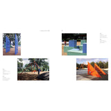 A catalog-style spread showing four outdoor playground equipment photos on a white page layout. The images include blue angular metal structures, green and blue block forms, a red climbing frame with a child using it, and an orange triangular metal structure on a playground.