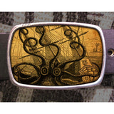 A belt buckle featuring a black octopus with its tentacles extended, set against a brown background with a nautical theme.