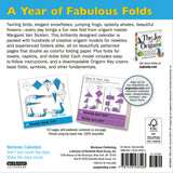Back cover of the Origami Calendar 'The Joy of Origami' by Margaret Van Sickle, showing sample folded-paper designs, product details, a barcode, and publisher information.