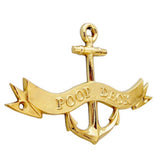 A brass anchor sign with a banner across the middle engraved with the words 'POOP DECK'.