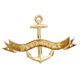 A brass anchor sign with a banner across the middle engraved with the words 'POOP DECK'.