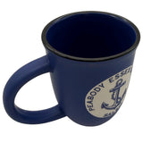 Blue mug with an anchor logo on a white background