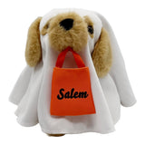 Plush dog toy wearing a white ghost costume holding an orange bag with 'Salem' on it.