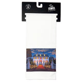 Tea towel packaging with a house illustration on a white background