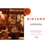 Book interior page for 'RINTARO: FOOD AND STORIES FROM A JAPANESE IZAKAYA IN CALIFORNIA' featuring a warm-toned photograph of an izakaya table setting on the left and a white cover design on the right with red typography and an orange-red circular graphic.
