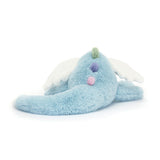 Blue plush dragon toy with colorful accents on a white background