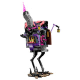 Toy figure of a robot with purple and black design on a white background