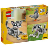LEGO 3-in-1 set packaging with cat, dog, and bird models on a yellow background