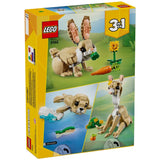 LEGO 3-in-1 set packaging with dog, cat, and rabbit models on a grassy background