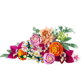 Colorful LEGO floral arrangement with various LEGO flowers on a white background