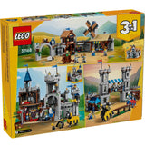 LEGO 31168 medieval town set packaging with multiple scene illustrations on a yellow background
