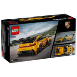 LEGO Porsche set packaging with yellow sports car on a white background