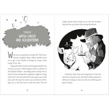 Illustrated book pages with text and graphics on witch cakes and accusations.