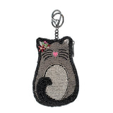 Cat-shaped beaded keychain coin purse with rhinestone details on a white background