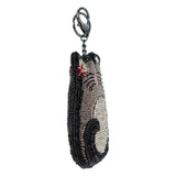 Cat-shaped beaded keychain coin purse with rhinestone details on a white background