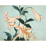 Artistic depiction of pink flowers with green leaves on a light blue background
