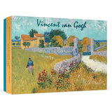 Van Gogh painting on a note box cover with a man walking in a field.
