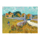 Painting of a man walking through a field with a house and trees in the background