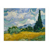 Painting of a landscape with a yellow field, cypress trees, and blue sky with clouds.