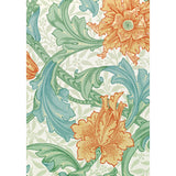 Decorative paper with floral and leaf pattern in orange and green on a light background