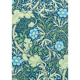 Floral patterned fabric with blue flowers and green leaves on a blue background