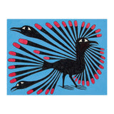 Black and red bird-like creature on a blue background