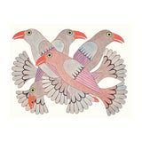 Illustration of five stylized birds in flight on a white background
