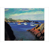 Painting of a coastal scene with boats and cliffs.