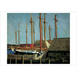 Painting of sailboats docked at a pier with a clear sky.