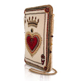 Beaded clutch with heart and crown design on a white background