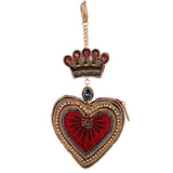 Decorative heart-shaped keychain coin purse with crown design on a white background