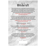 Text on a crinkled paper background with quotes praising 'Witchcraft' book.