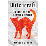 Book cover of 'Witchcraft: A History in Thirteen Trials' with a red cat silhouette on a textured white background.